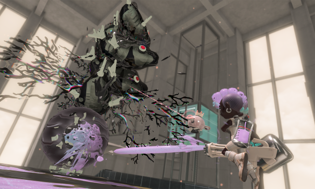 An Inkling shoots an enemy spawner in Splatoon 3 Side Order.